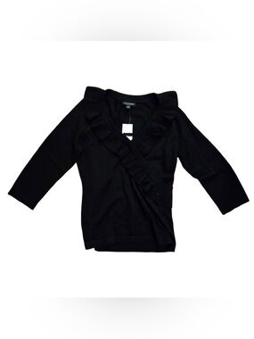 Banana Republic Black Extra Fine Merino V Neck Wrap Style Ruffle Trim Sweater